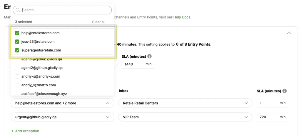 Email selection interface showing three selected email addresses for entry points.