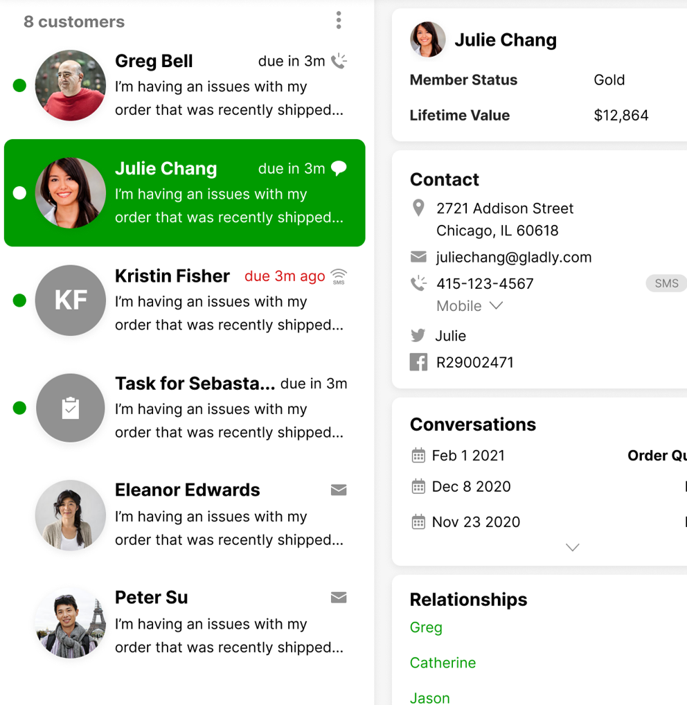 Customer support interface showing issues with orders for multiple customers, highlighting Julie Chang.