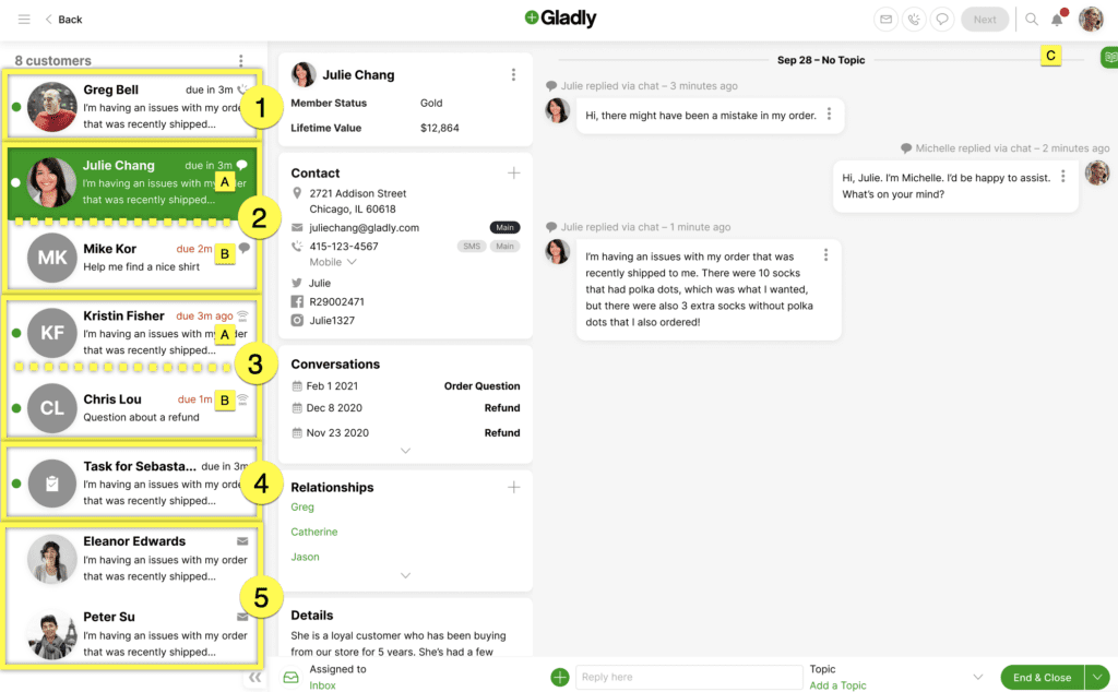 Customer support interface showing multiple customer inquiries and highlighted order issues.