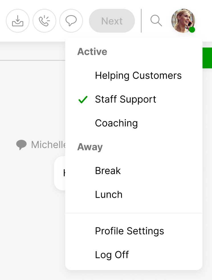 Menu showing active and away status options for staff support and settings.