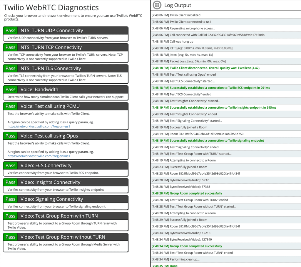 Twilio WebRTC diagnostics showing connectivity tests and successful connections for various services.