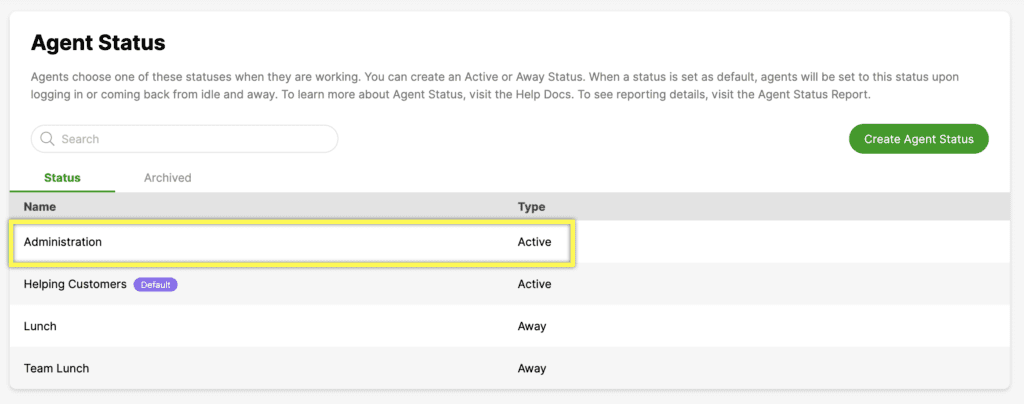 Agent status overview showing active and away statuses for different roles.