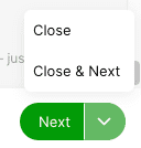 Dropdown menu with options to close or proceed to the next step.