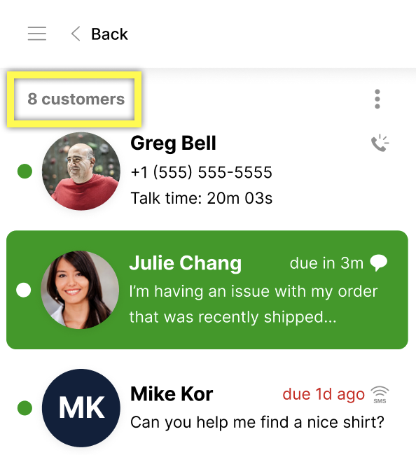 Overview of customer interactions showing eight customers and their messages.