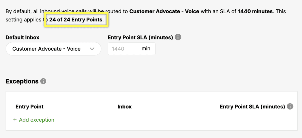 Settings for inbound voice calls with entry points and service level agreement details.