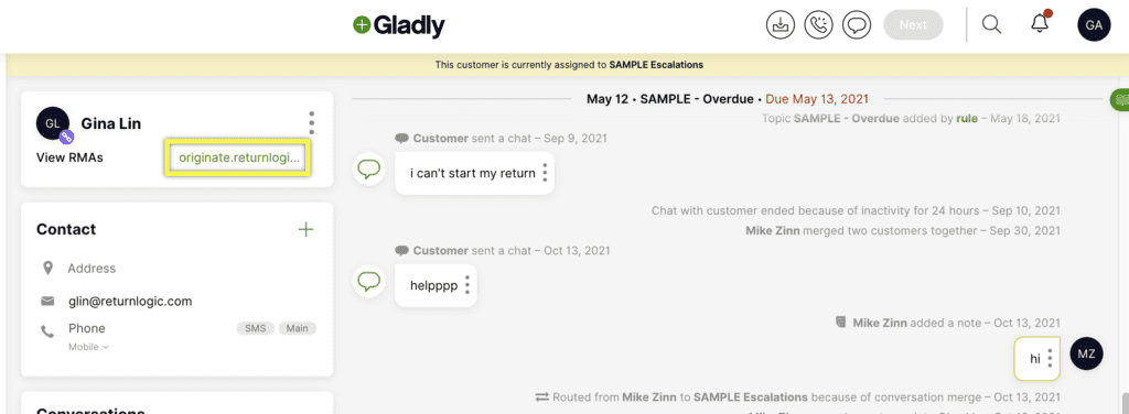 Customer support chat interface showing messages and contact details for Gina Lin.