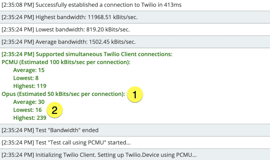 Bandwidth test results for Twilio connections, showing averages and ranges for PCMU and Opus.