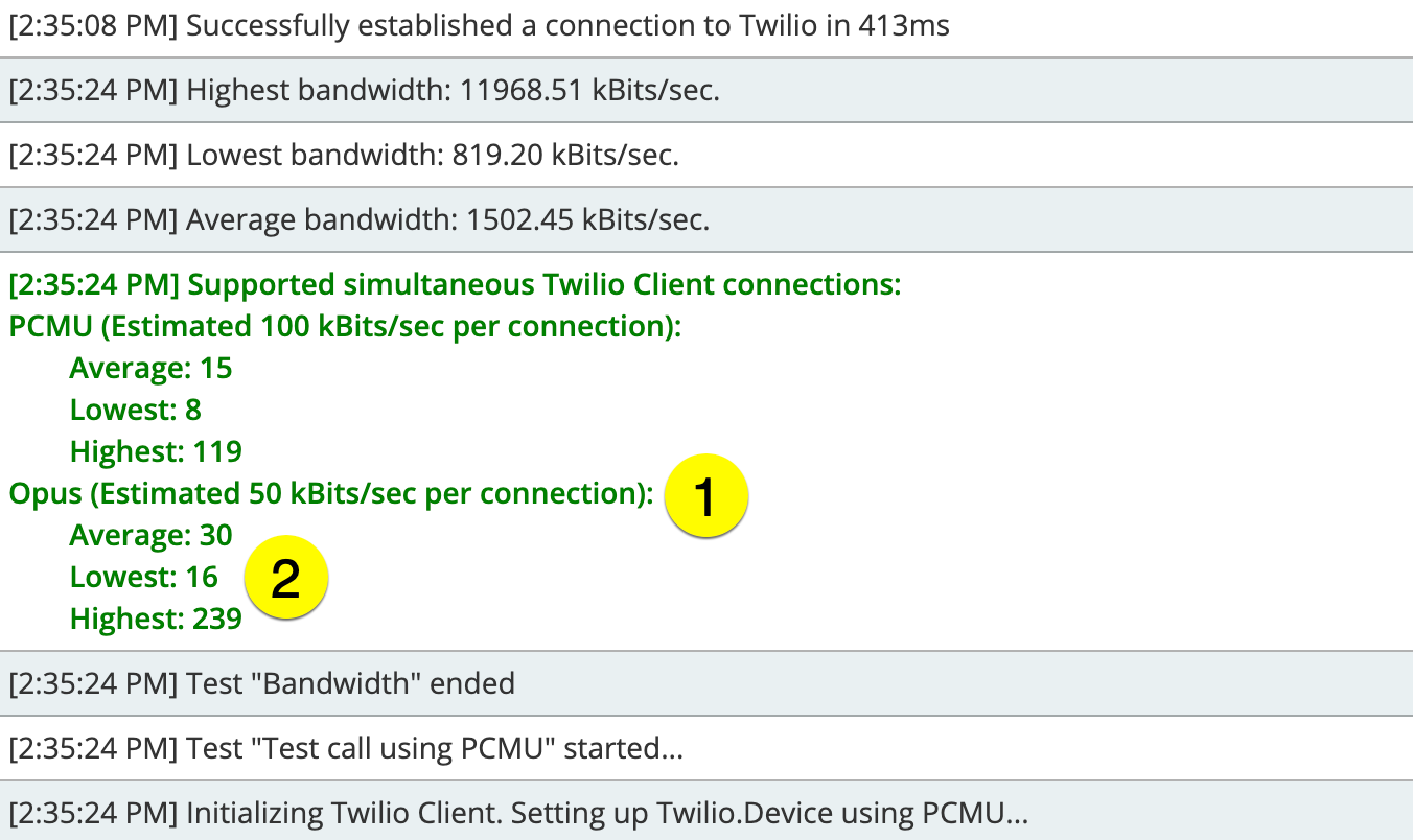 Twilio connection log showing bandwidth statistics and supported client connections.