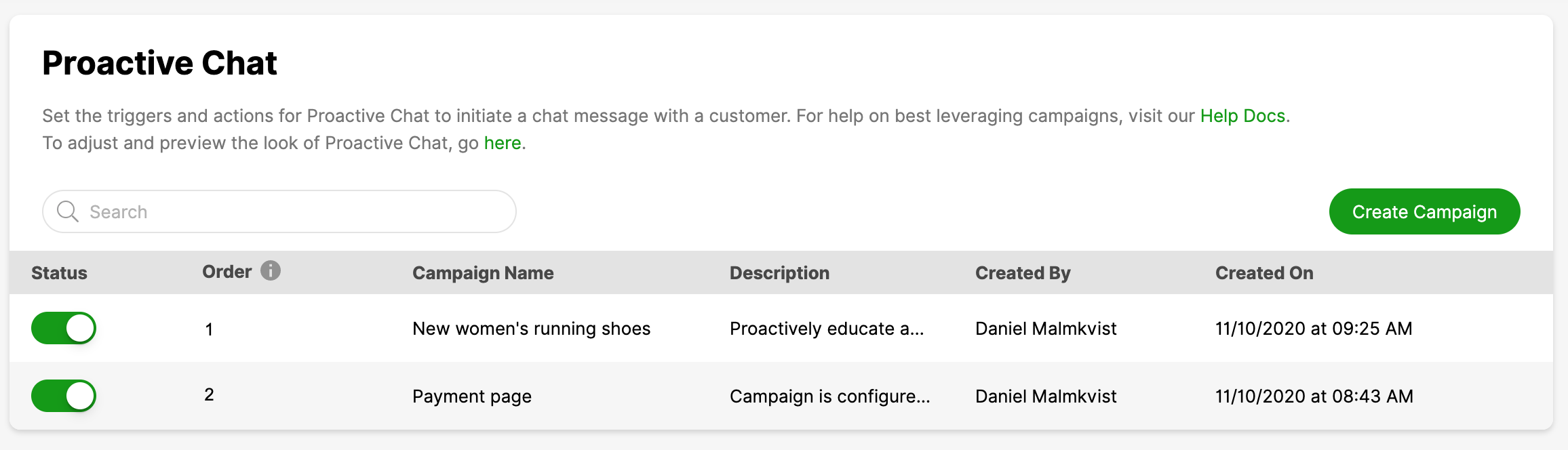 Proactive Chat settings with campaign details and options for managing triggers and actions.