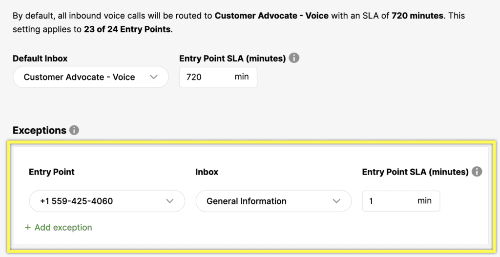 Inbound voice call routing settings with exceptions for specific entry points and SLAs.