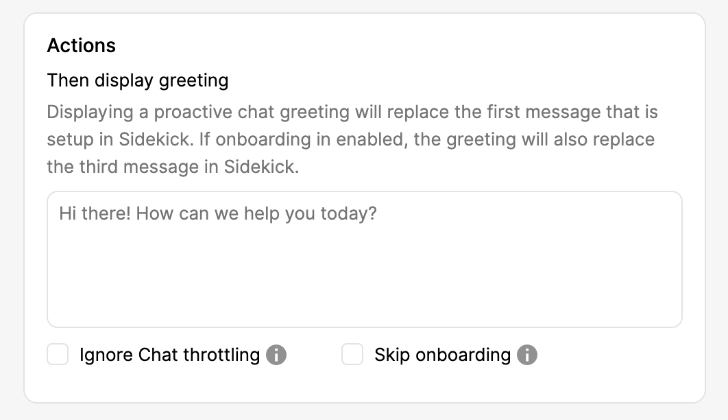 Instructions for displaying a proactive chat greeting in Sidekick settings.