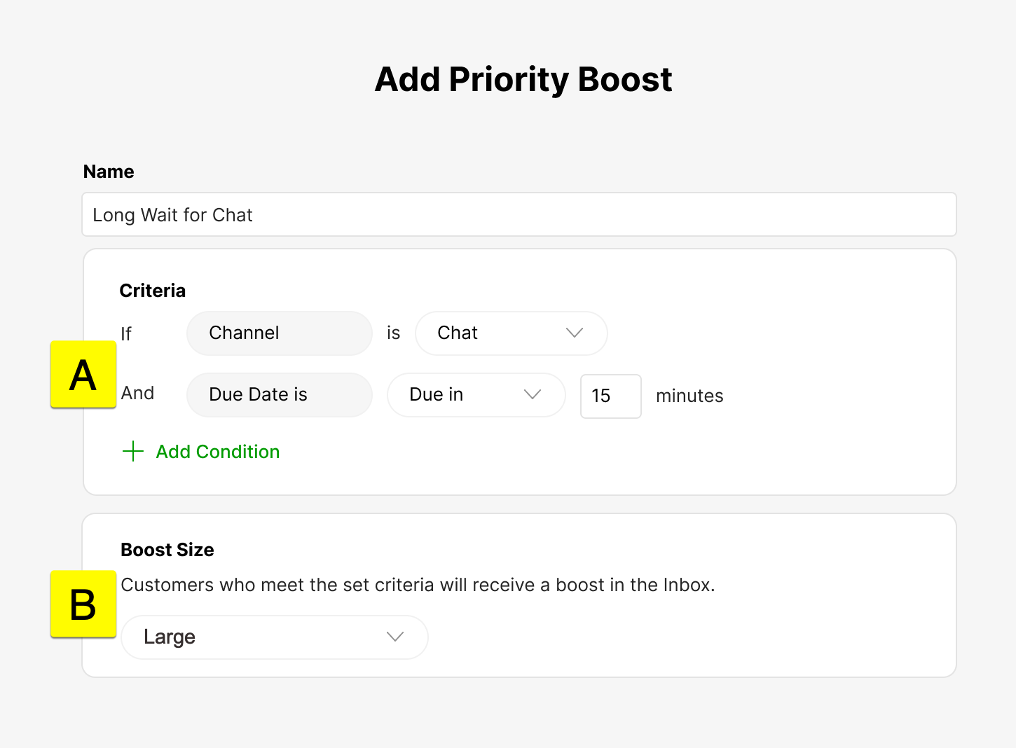 Settings for adding a priority boost based on chat channel and due date.