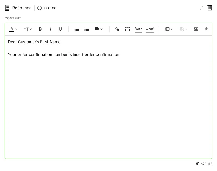 Order confirmation message template with placeholders for customer name and order number.