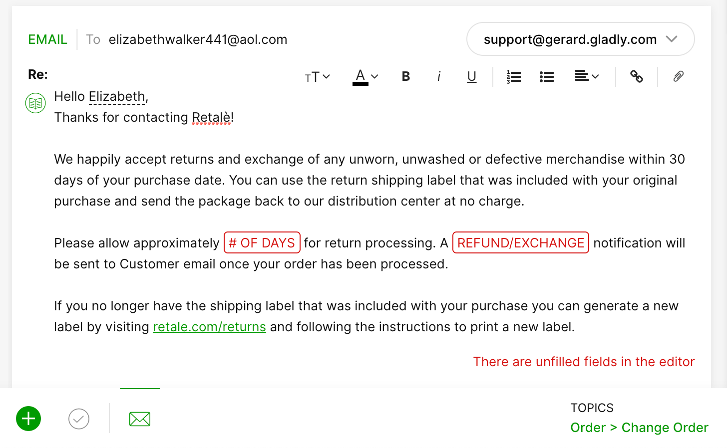 Email response detailing return policy, processing time, and refund/exchange information.