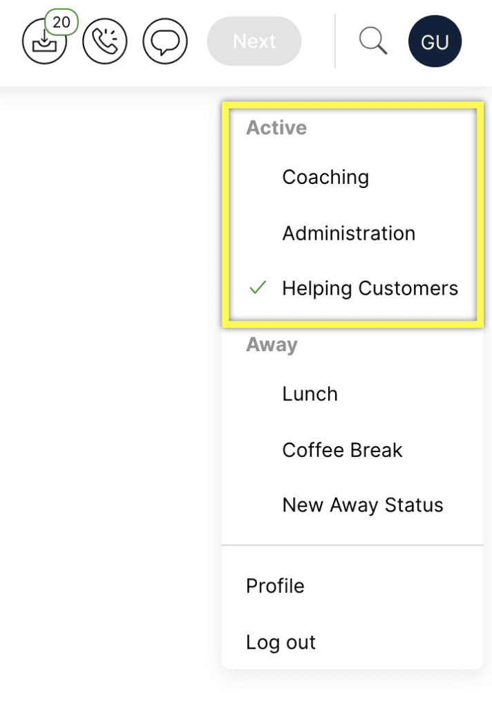 Active status menu showing current task as 'Helping Customers' with other options listed.