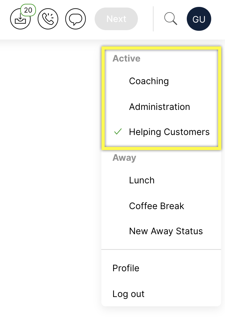 Active status menu showing options with 'Helping Customers' selected.