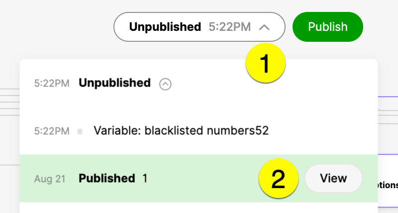 Interface showing unpublished status and variable details with a published entry below.