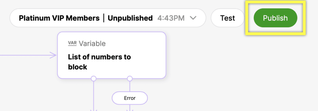 Interface showing variable and error message with a publish button highlighted.