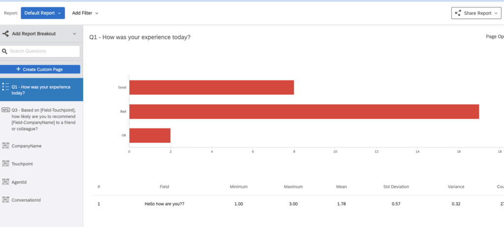 Survey results showing experiences categorized as Good, OK, and Bad with corresponding values.