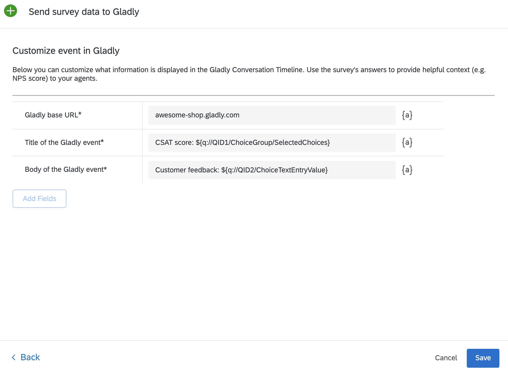 Form fields for customizing Gladly event details including URL, title, and body.