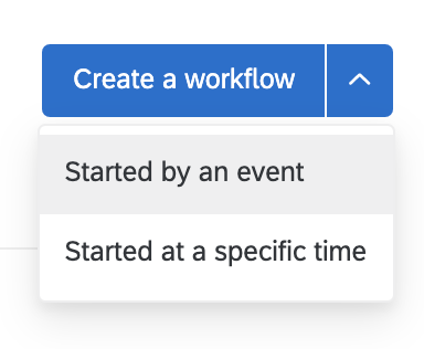 Dropdown menu options for creating a workflow, including event and time triggers.