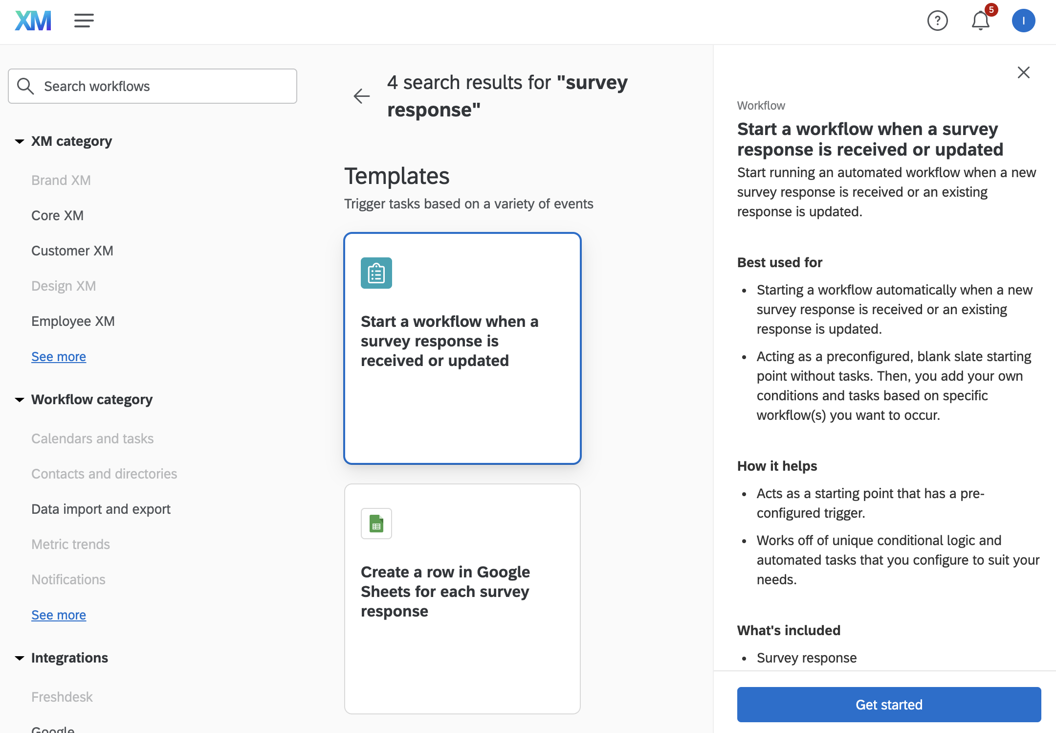 Workflow templates for survey responses and automated task management options displayed on screen.