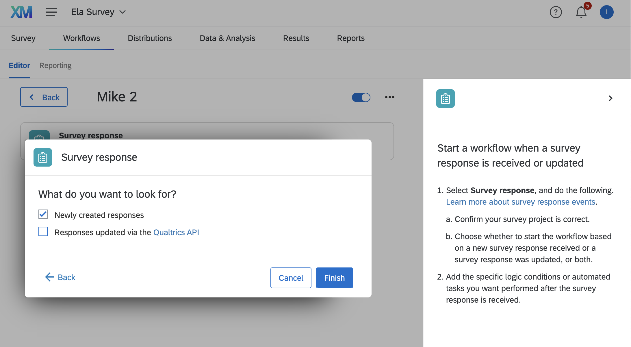 Survey response options for newly created responses and Qualtrics API updates.