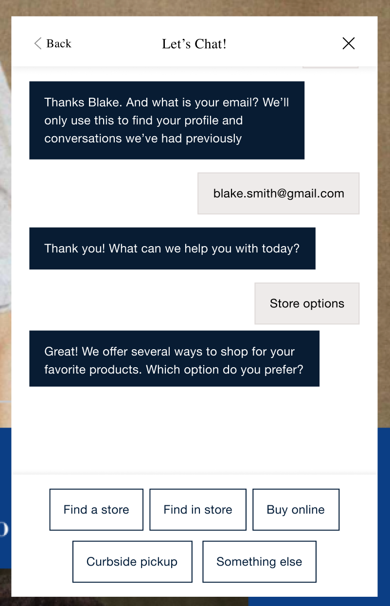 Chat interface asking for email and offering shopping options to the user.