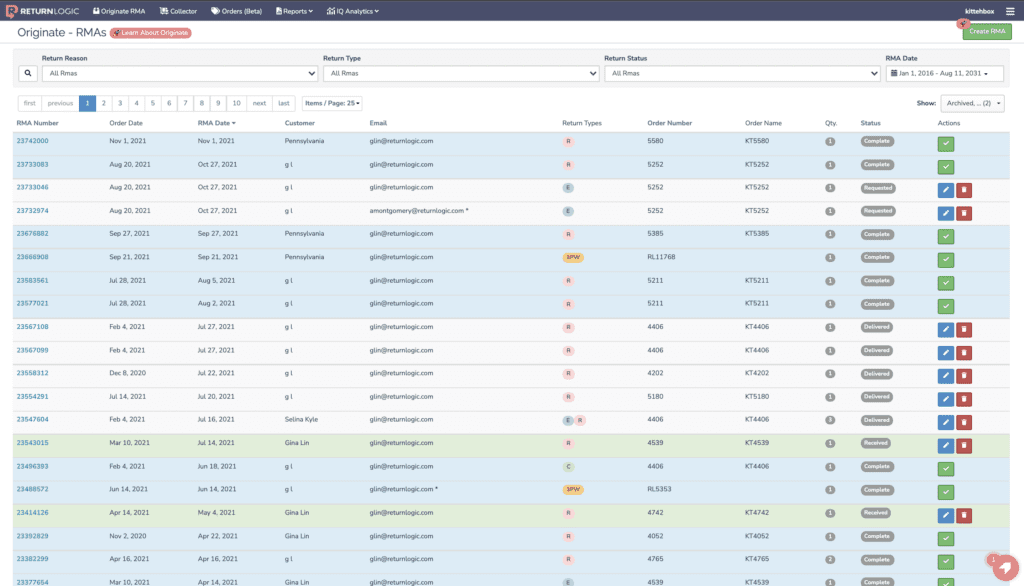 Table displaying RMAs with details like order date, customer, and return status.