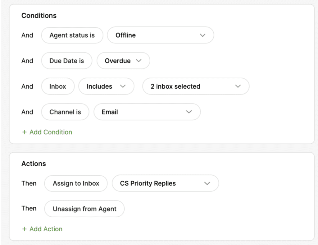 Conditions and actions for managing email inbox assignments and agent statuses.