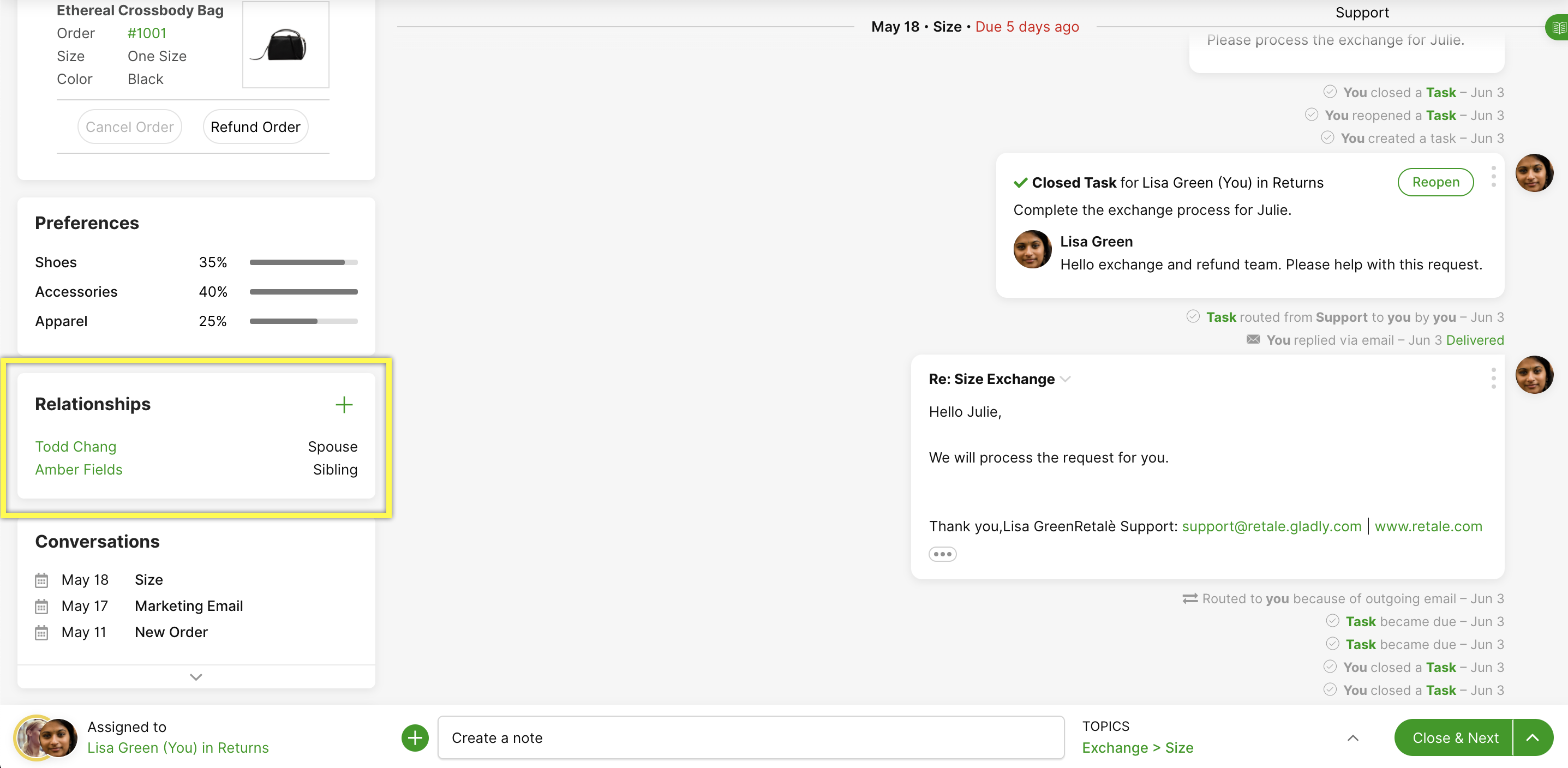 Overview of customer relationships and support tasks for Lisa Green's order exchange.