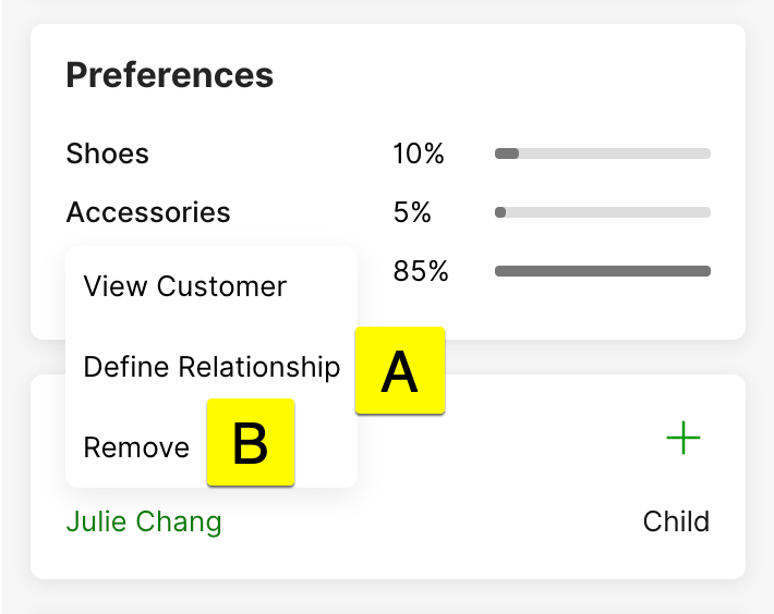 User preferences for shoes, accessories, and options to define relationships or remove entries.