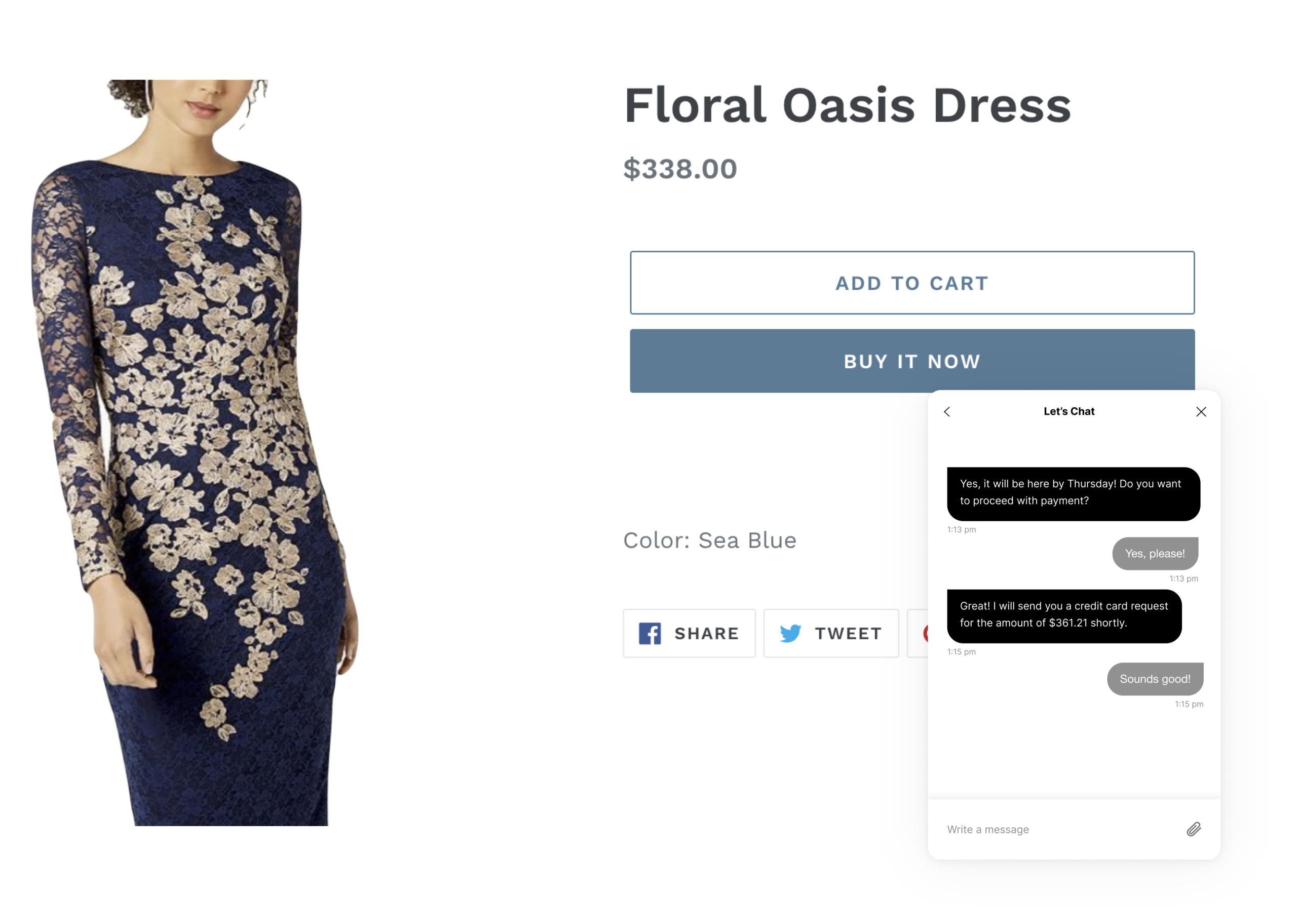 A model showcases a floral dress with purchase options and chat support displayed.