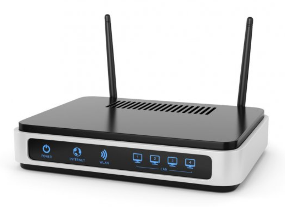 A wireless router with antennas and indicator lights for power, internet, and LAN connections.