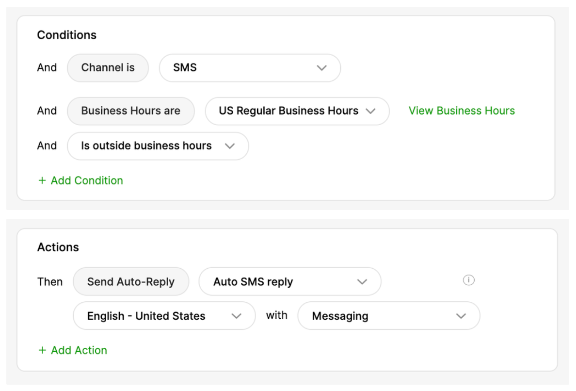 Conditions and actions for sending auto-replies during outside business hours via SMS.