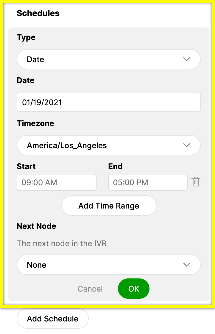 Schedule settings including date, time zone, and time range for an event.