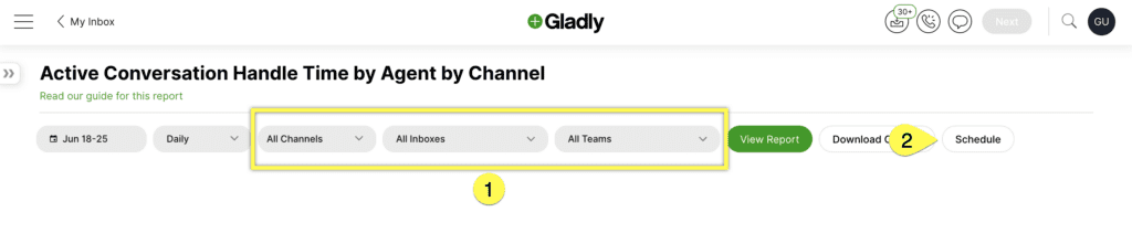 Report interface showing active conversation handle time by agent and channel options.