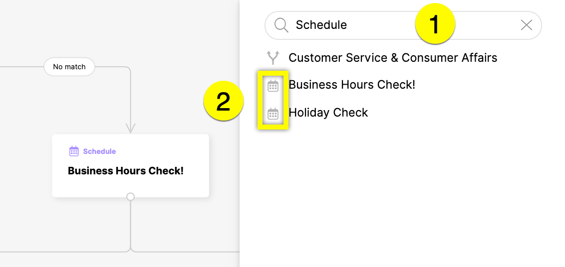 Flowchart showing options for scheduling business hours and holiday checks.