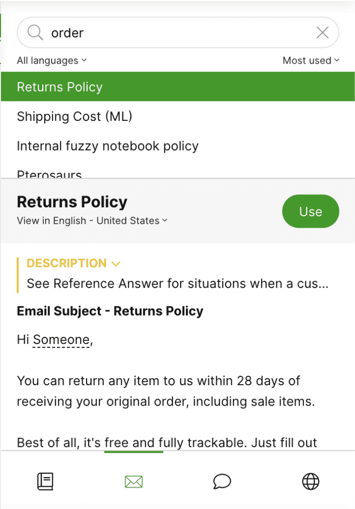 Search results showing the Returns Policy and email subject details for customer inquiries.