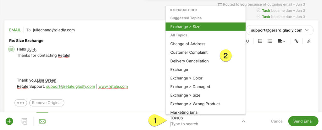 Email correspondence discussing size exchange topics and suggested topics for customer support.