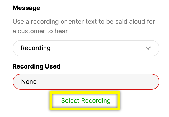 Interface for selecting a recording with options for customer messages.