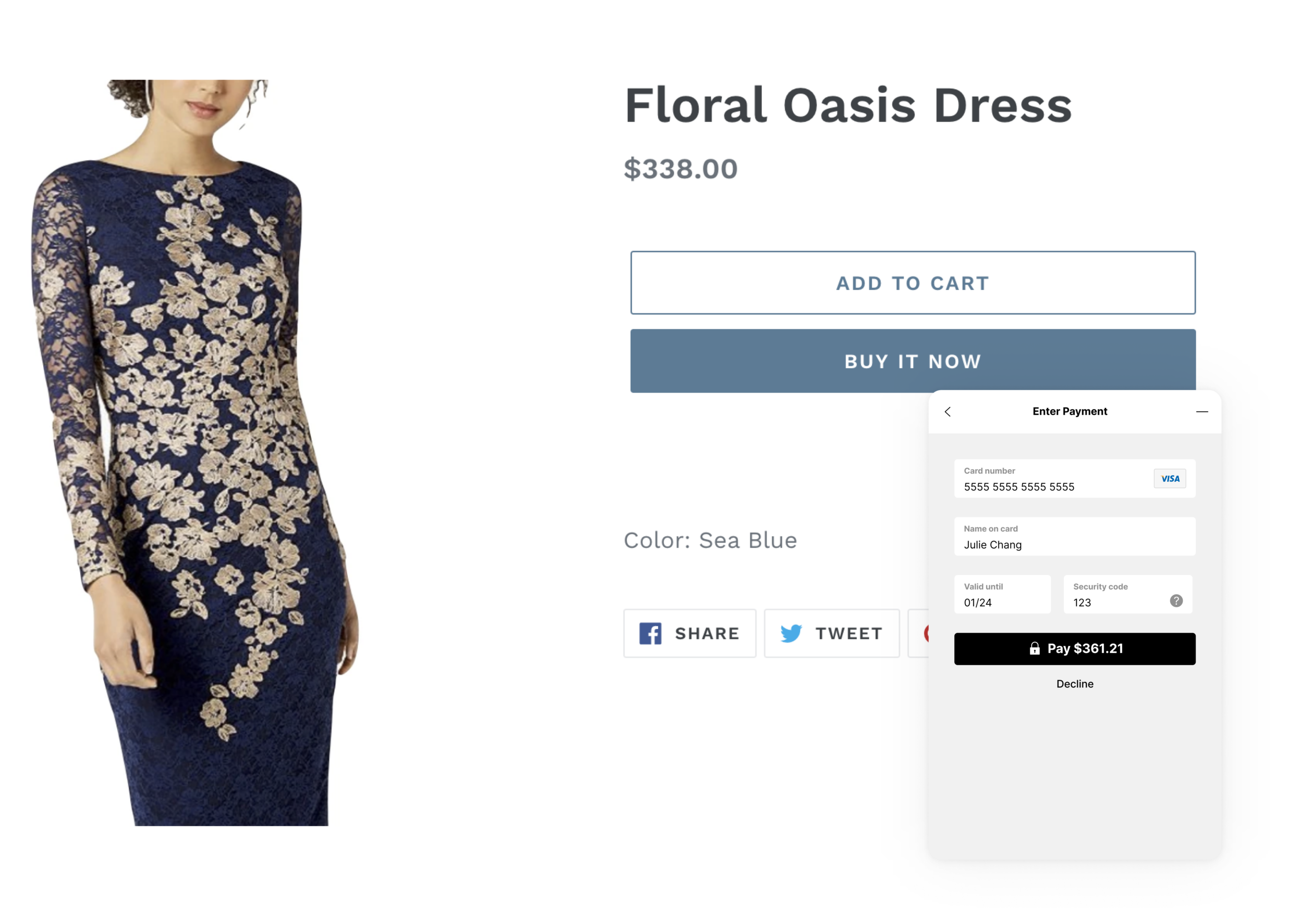 A model showcases a floral dress with pricing and purchase options displayed.