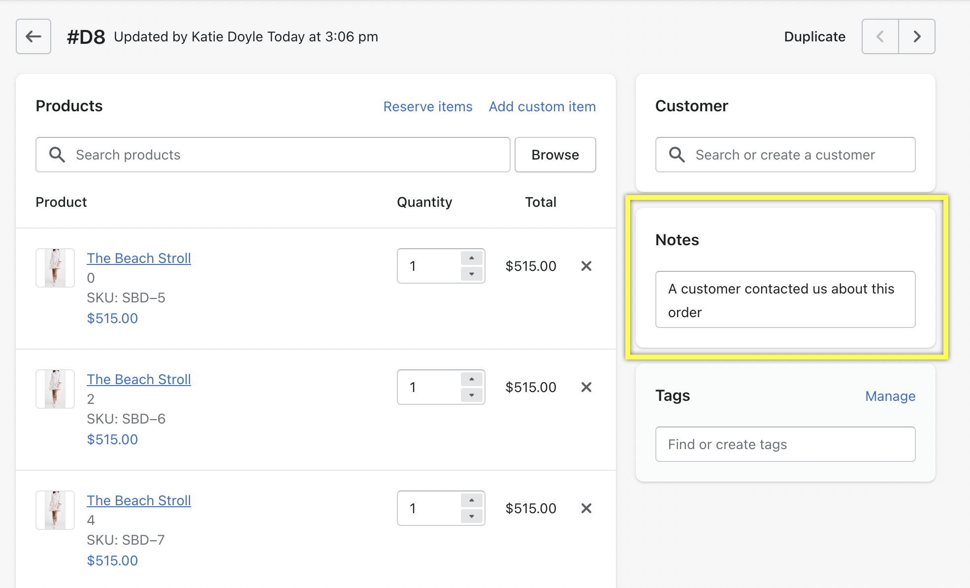 Order details showing product quantities and customer notes for a specific order.