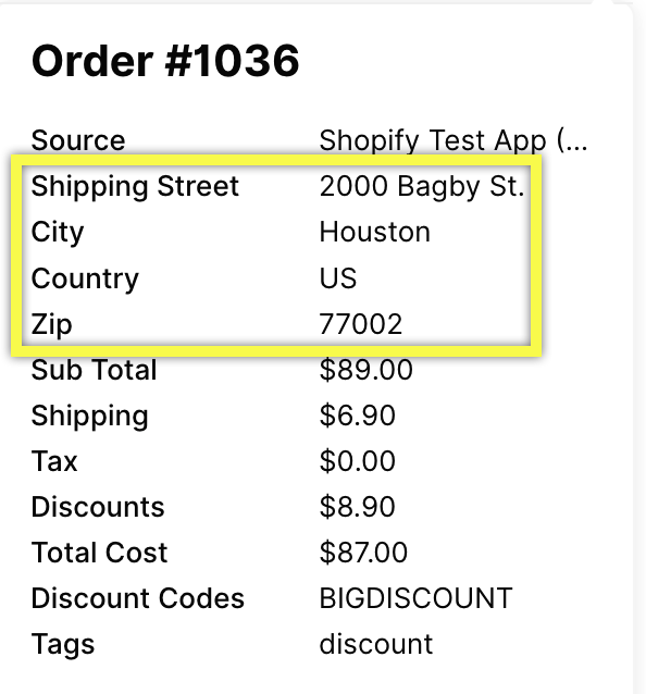 Order summary showing shipping details, total cost, and discount information for order #1036.