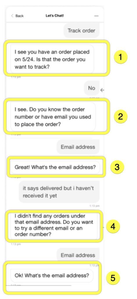 A chat conversation about tracking an order and verifying email details.