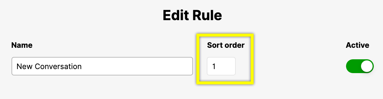 Editing rule settings with highlighted sort order and active toggle options.