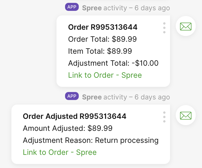 Order details showing total, adjustment, and reason for return processing.