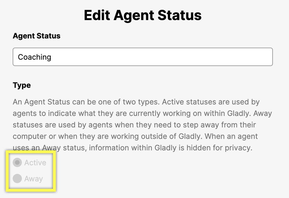 Editing agent status to indicate current activity and availability in Gladly platform.