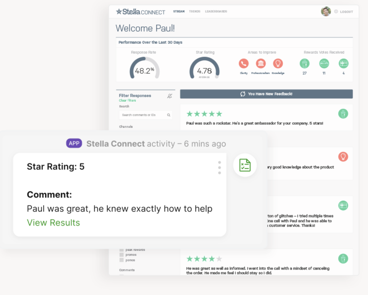 Performance overview for Paul with star ratings and customer feedback displayed.