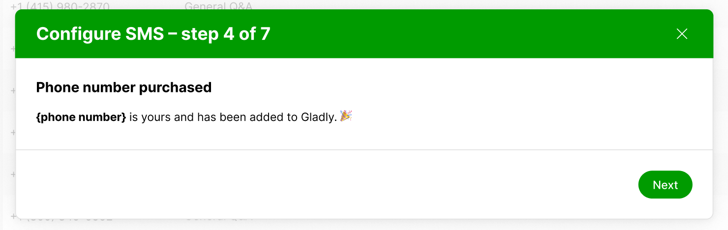 Confirmation message for purchased phone number added to Gladly service.